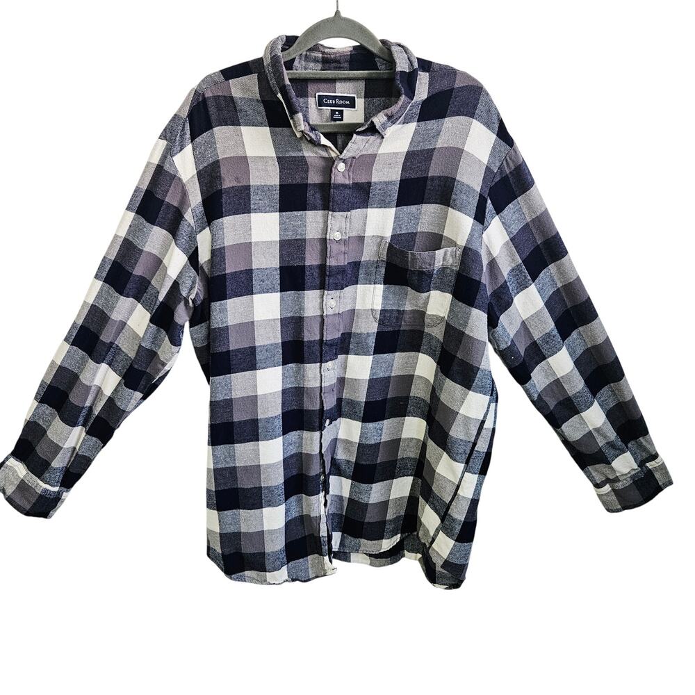 Club Room Men's XL Long Sleeve Button Up Gray Buffalo Check Plaid 100% Cotton